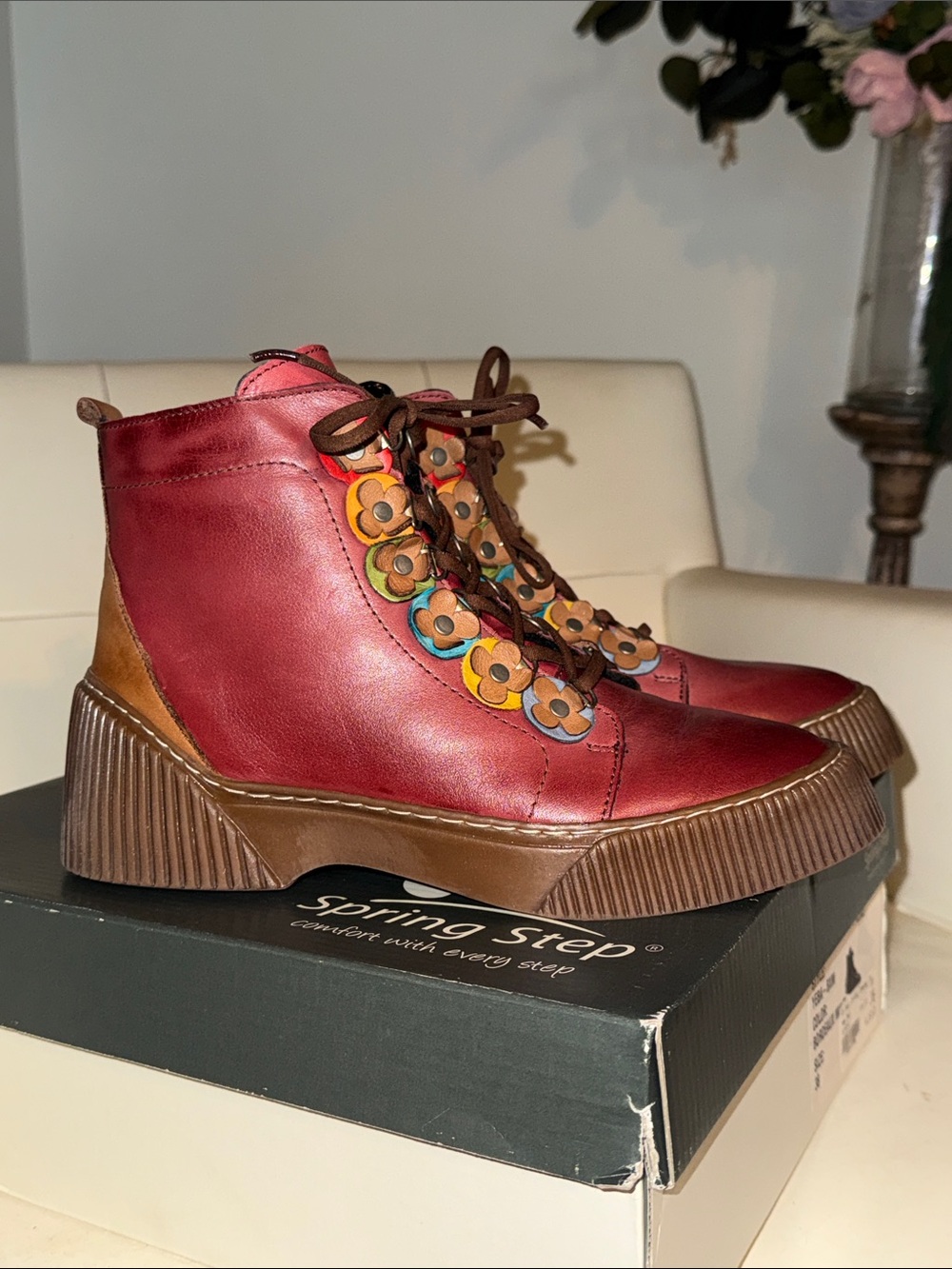 Spring Step Red Leather Platform Ankle Boots with Multicolor Flower Eyelets